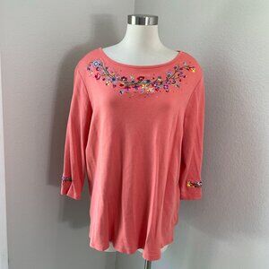 Quacker Factory Womens Plus 1X Embroidered Floral Top Coral 3/4 Sleeve Shirt